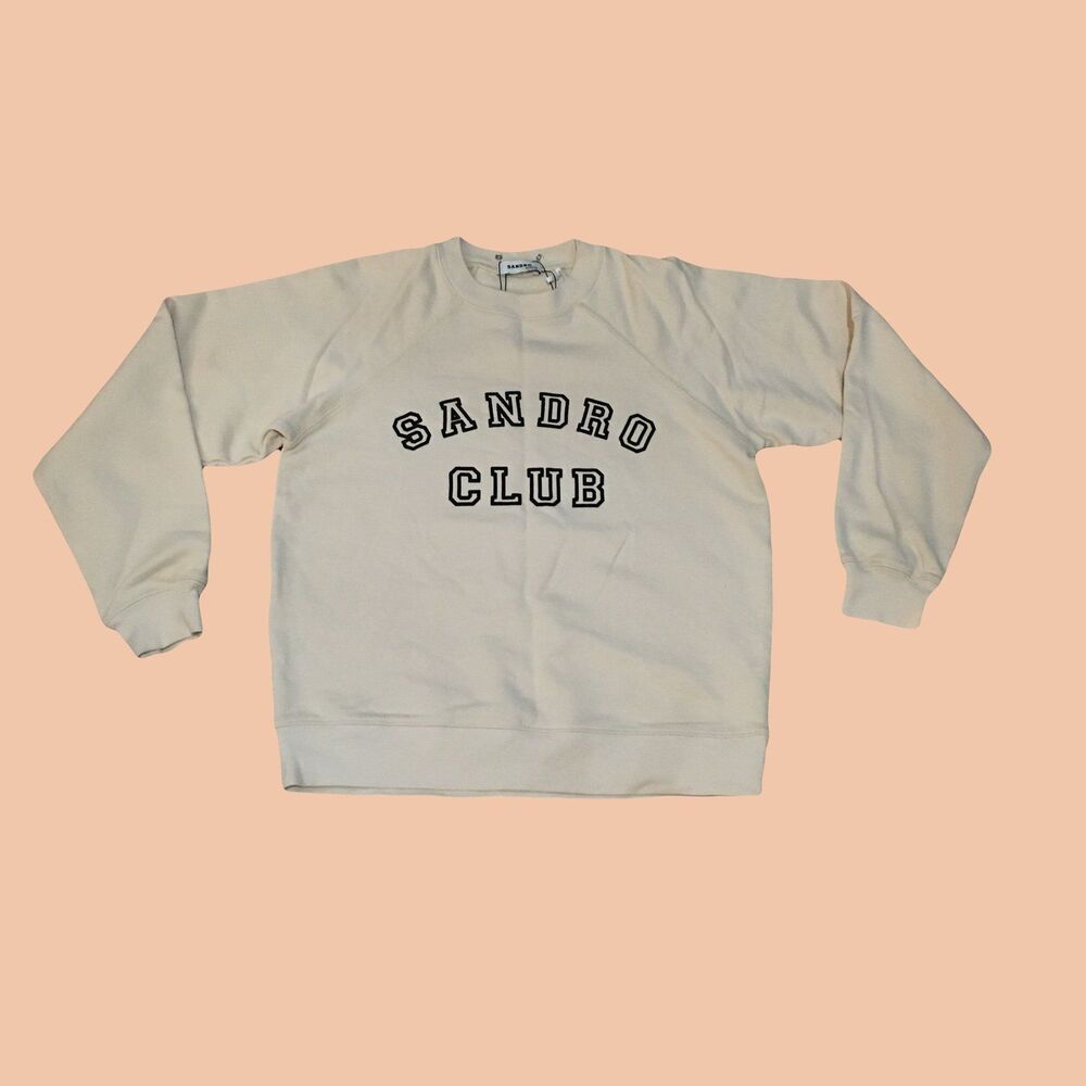 Sandro Club SMALL Crewneck Sweatshirt Beige White Logo Cotton